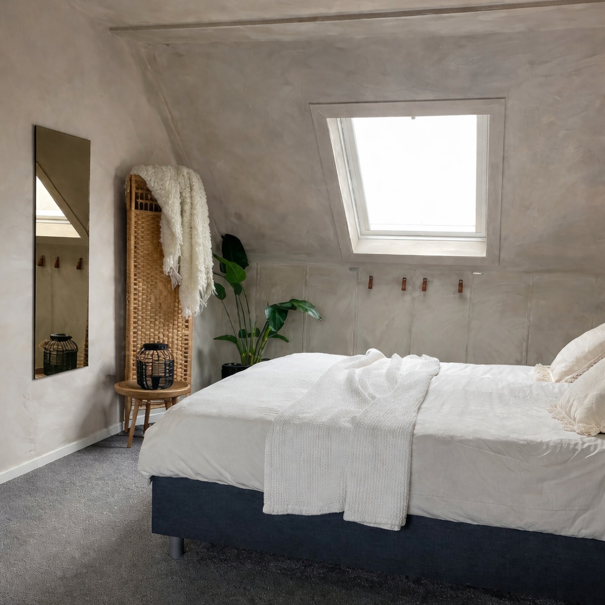 Bronzefarbener, langgezogener Schlafzimmerspiegel in einem Schlafzimmer