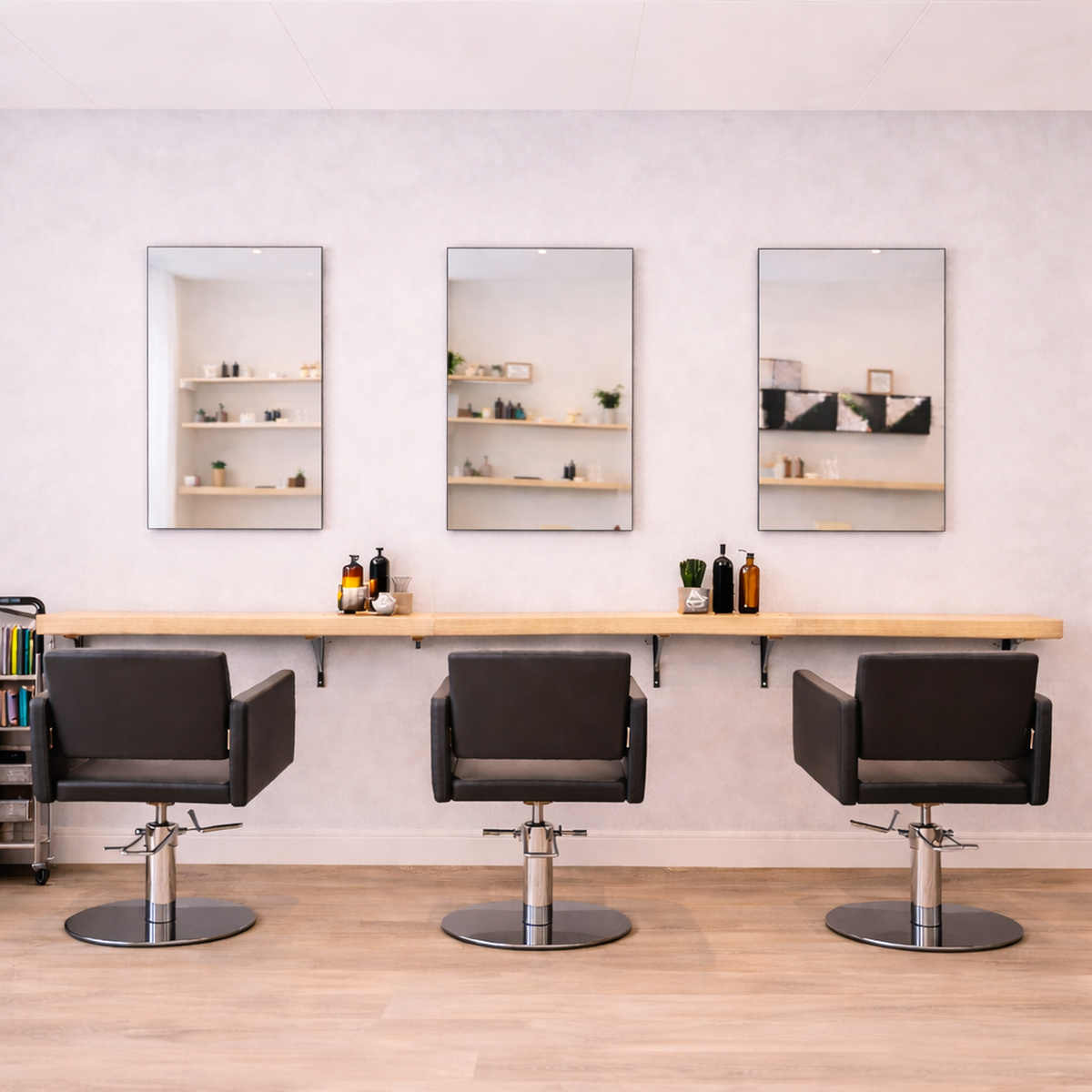 Drei Friseurspiegel in einem hellen Friseursalon