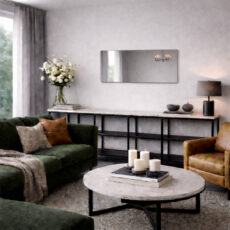 Grauer Industriespiegel in einem hellen Wohnzimmer