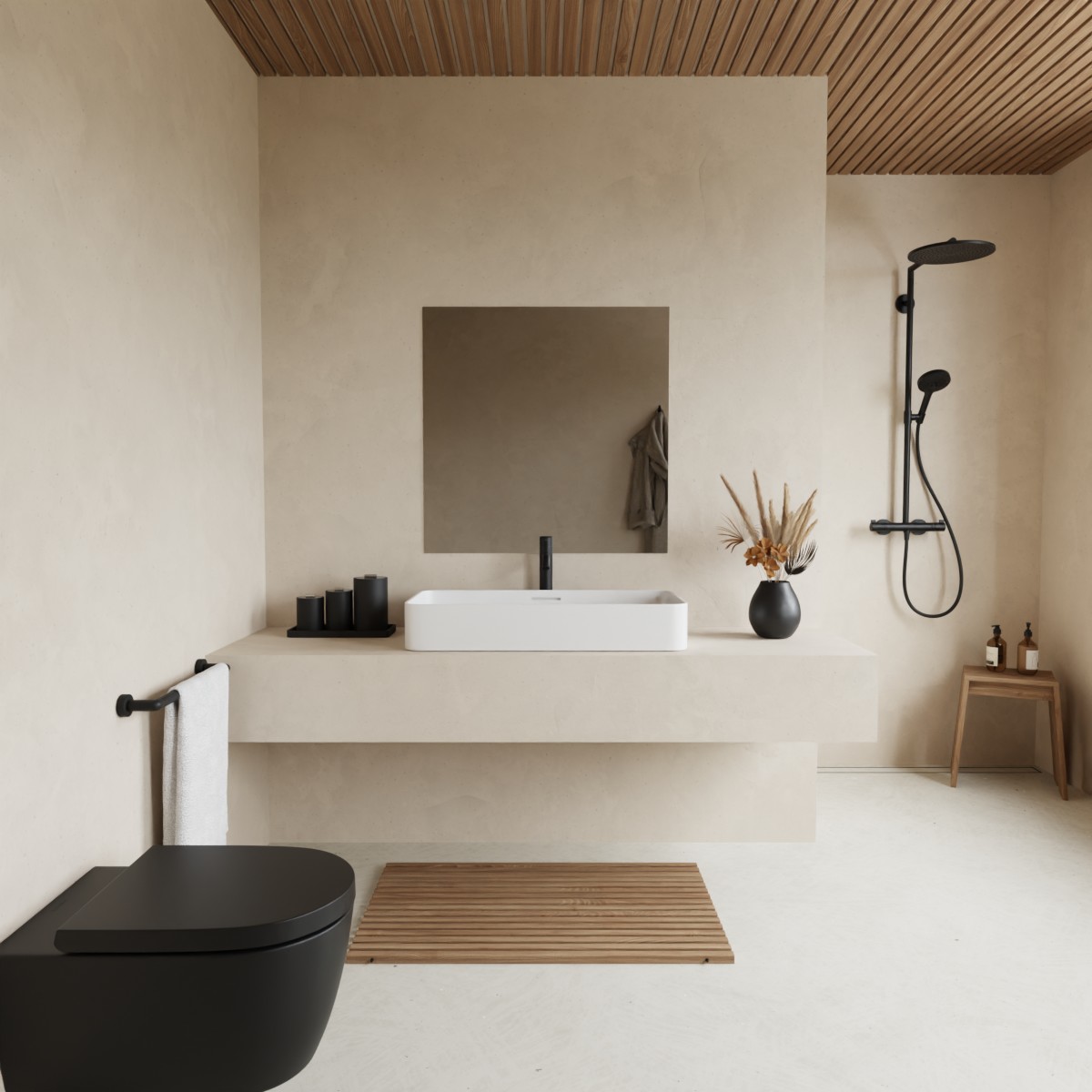 Grauer Klebespiegel in einem minimalistischen Badezimmer