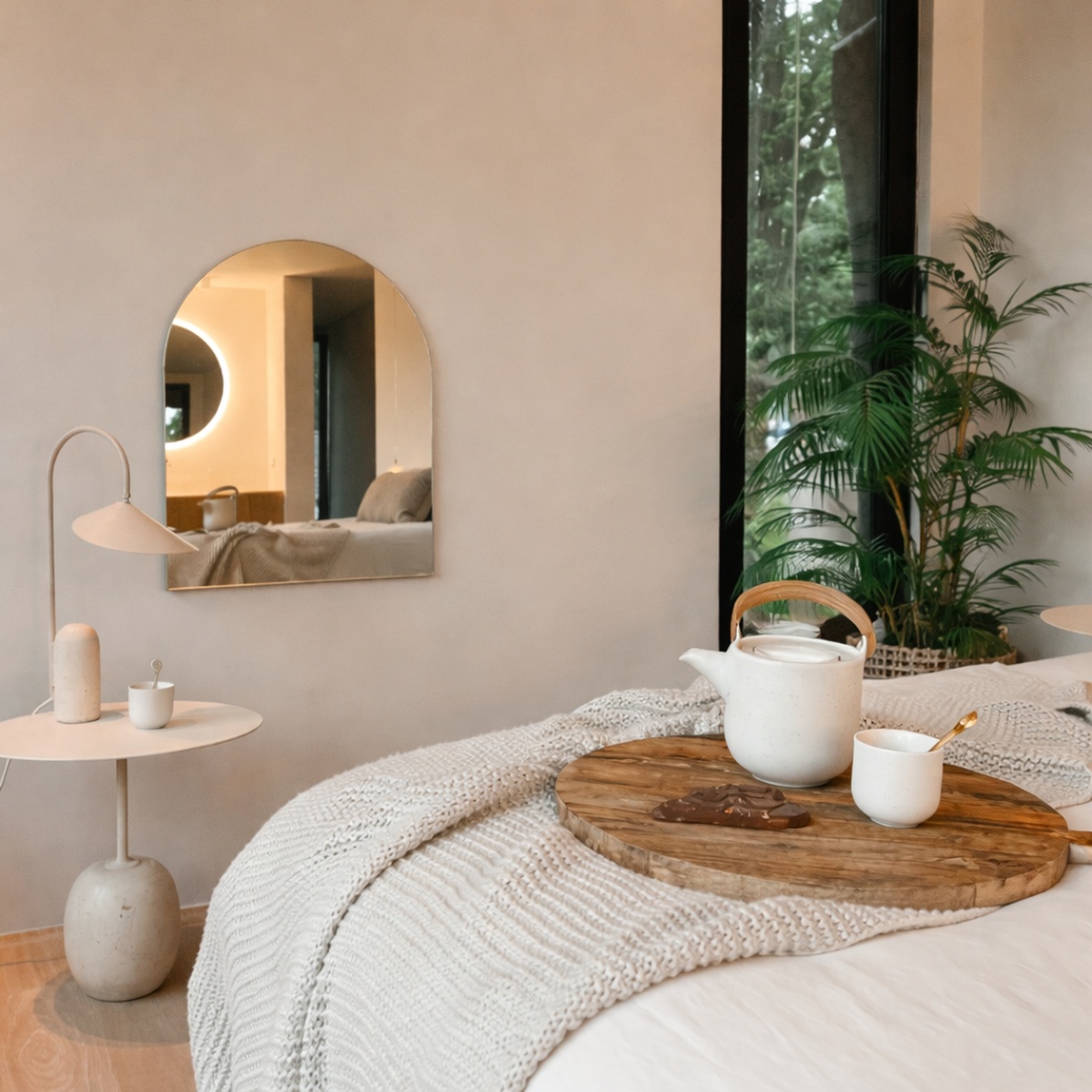 Kleiner bronzefarbener bogenförmiger Schlafzimmerspiegel