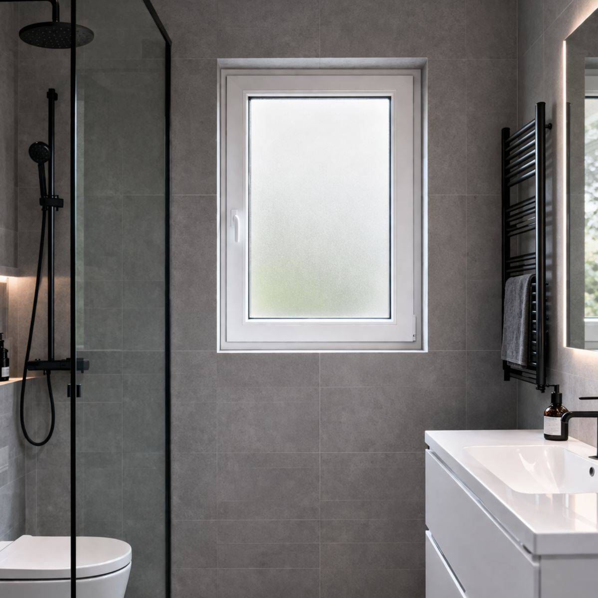 ESG Milchglas nach Maß in einem industriellen Badezimmer