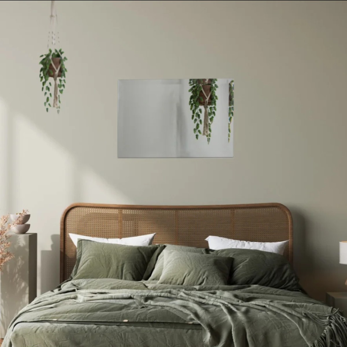 Spiegel mit facettierter Kante, an der Wand in einem grünen Schlafzimmer
