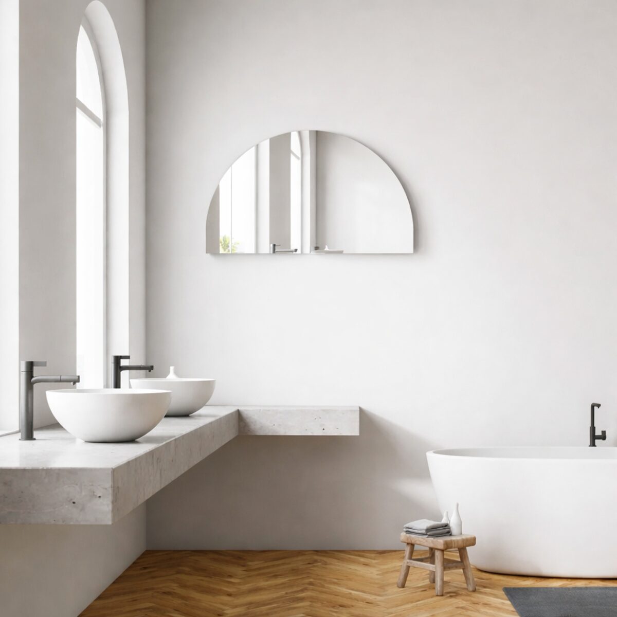 Halbrunder versilberter Spiegel in einem Badezimmer