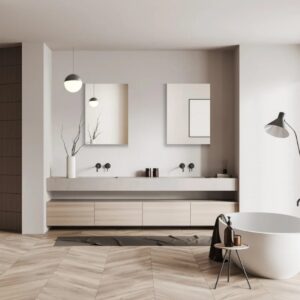 Maßgefertigter Spiegel ohne Rahmen in einem modernen Badezimmer